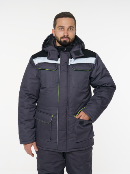 Куртка мужская зимняя Кур703 ткань Твил, цвет темно-серый, черный с лимонной отделкой СОП