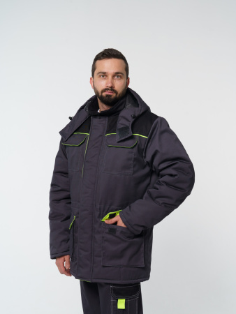 Куртка мужская зимняя Кур703 ткань Твил, цвет темно-серый, черный с лимонной отделкой