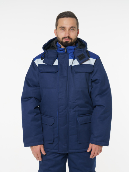 Куртка мужская зимняя Кур703 ткань Твил, цвет темно-синий с васильковым