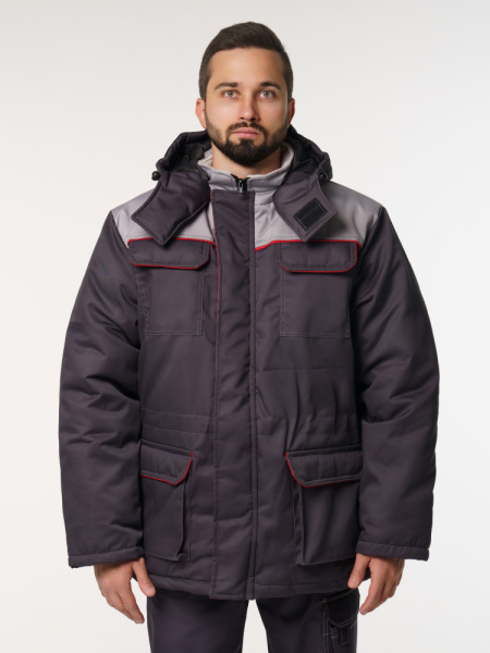 Куртка мужская зимняя Кур703 ткань Твил, цвет темно-серый, светло-серый с красным кантом без СОП