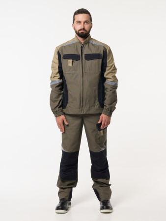 Полукомбинезон рабочий мужской №116 хаки, черный с бежевым, СОП, ткань Канвас