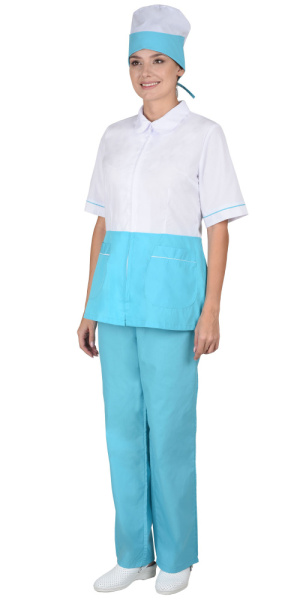 Костюм "Стефани" женский: куртка, брюки, колпак белый со светло-бирюзовым (ЧЗ) Костюм "Стефани" женский: куртка, брюки, колпак белый со светло-бирюзовым (ЧЗ)