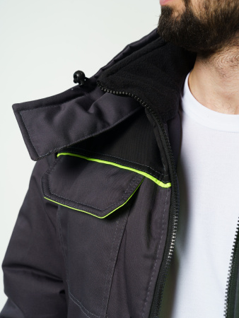 Куртка мужская зимняя Кур703 ткань Твил, цвет темно-серый, черный с лимонной отделкой