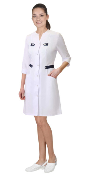 Халат "БРАЙТЛИ" женский белый с синим, тк.Твил стрейч (ЧЗ)