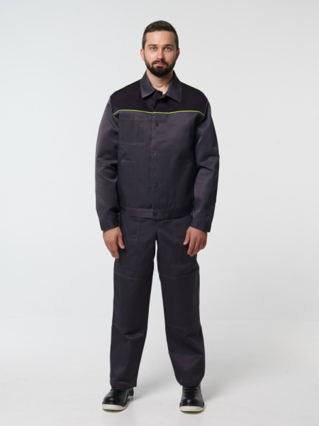 Костюм рабочий мужской №102 (куртка, полукомбинезон) тёмно-серый, черным с лимонным кантом