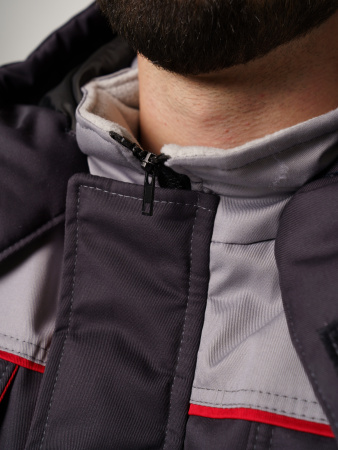 Куртка мужская зимняя Кур703 ткань Твил, цвет темно-серый, светло-серый с красным кантом без СОП