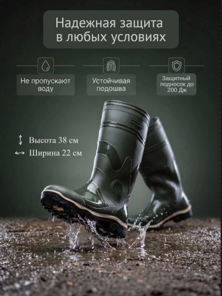 Сапоги рабочие мужские "Специалист" из ПВХ, арт. 165-05МП, металлоподносок оливковые Sardonix 