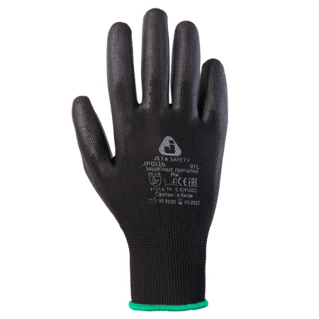 JP011b Защитные перчатки из полиэстеровой пряжи с полиуретановым покрытием, цв. черн