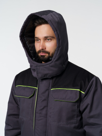 Куртка мужская зимняя Кур703 ткань Твил, цвет темно-серый, черный с лимонной отделкой