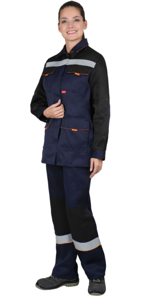 Костюм "УДАРНИЦА" женский, куртка, п/к, темно-синий с черным с оранжевой отделкой и СОП (ЧЗ)