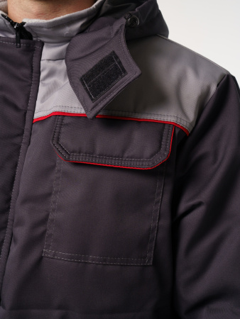 Куртка мужская зимняя Кур703 ткань Твил, цвет темно-серый, светло-серый с красным кантом без СОП