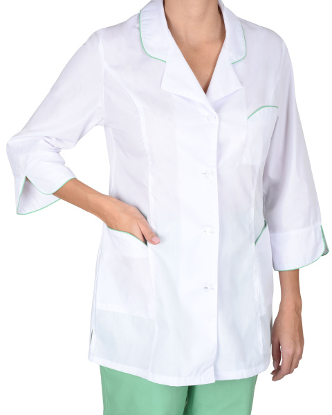 Костюм "Жасмин" женский: куртка, брюки, колпак белый с салатовым (ЧЗ) Костюм "Жасмин" женский: куртка, брюки, колпак белый с салатовым (ЧЗ)