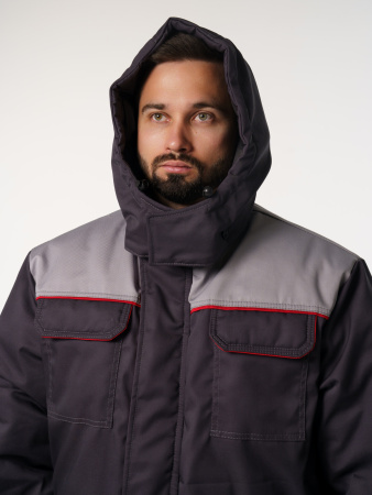 Куртка мужская зимняя Кур703 ткань Твил, цвет темно-серый, светло-серый с красным кантом без СОП