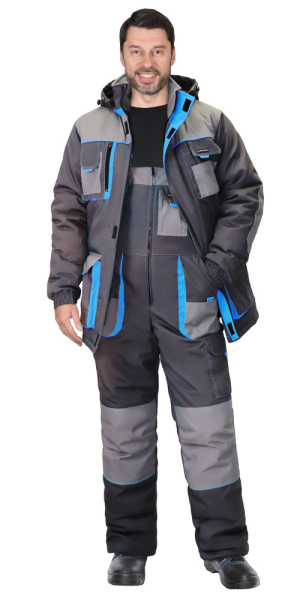 Костюм "ДВИН" зимний, куртка удл. с п/к т.серый со ср.серым и голубой отделкой (ЧЗ) Костюм "ДВИН" зимний, куртка удл. с п/к т.серый со ср.серым и голубой отделкой (ЧЗ)