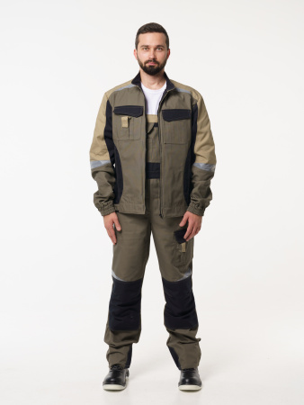 Полукомбинезон рабочий мужской №116 хаки, черный с бежевым, СОП, ткань Канвас