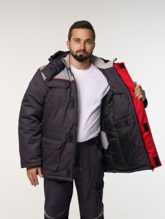 Куртка мужская зимняя Кур703 ткань Твил, цвет темно-серый, светло-серый с красным кантом без СОП