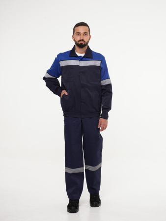 Костюм рабочий мужской №102 (куртка, полукомбинезон) тёмно-синий с васильковым