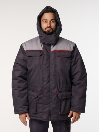 Куртка мужская зимняя Кур703 ткань Твил, цвет темно-серый, светло-серый с красным кантом без СОП