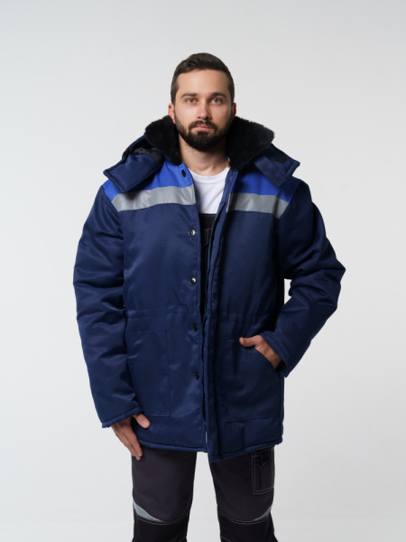 Куртка мужская зимняя Кур710 ткань смесовая, цвет темно-синий с васильковым