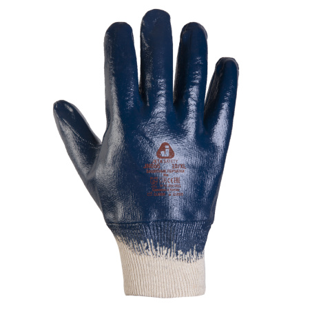 JN065 Защитные трикотажные промышленные перчатки из 100% хлопковой пряжи с вязаной манжетой с полным нитриловым покрытием, цвет синий