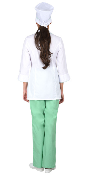Костюм "Жасмин" женский: куртка, брюки, колпак белый с салатовым (ЧЗ) Костюм "Жасмин" женский: куртка, брюки, колпак белый с салатовым (ЧЗ)