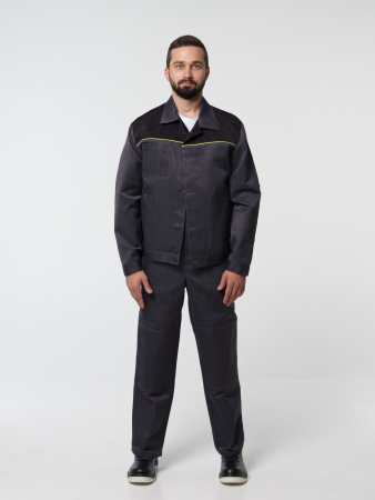 Костюм рабочий мужской №102 (куртка, полукомбинезон) тёмно-серый, черным с лимонным кантом