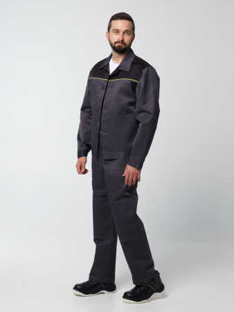 Костюм рабочий мужской №102 (куртка, полукомбинезон) тёмно-серый, черным с лимонным кантом