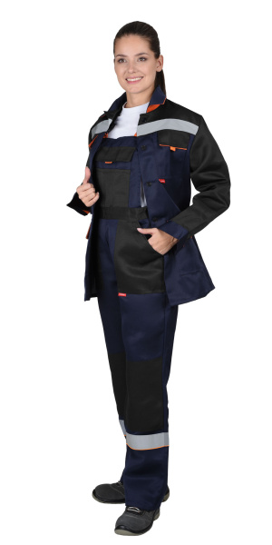 Костюм "УДАРНИЦА" женский, куртка, п/к, темно-синий с черным с оранжевой отделкой и СОП (ЧЗ)