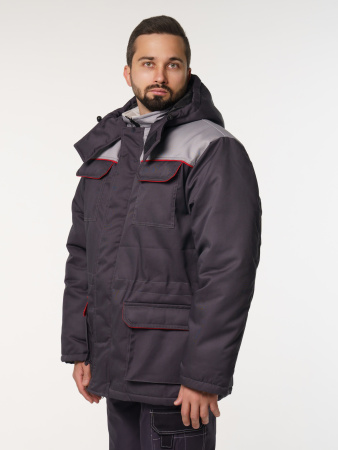 Куртка мужская зимняя Кур703 ткань Твил, цвет темно-серый, светло-серый с красным кантом без СОП