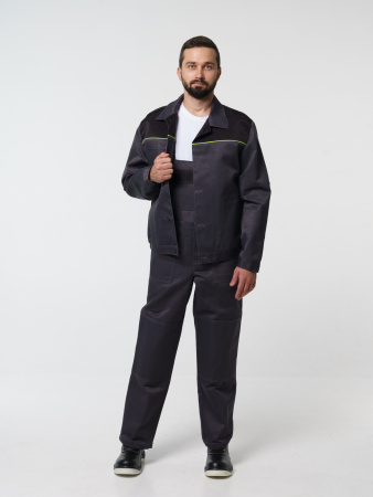 Костюм рабочий мужской №102 (куртка, полукомбинезон) тёмно-серый, черным с лимонным кантом