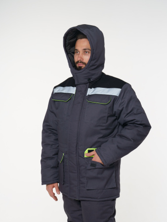 Куртка мужская зимняя Кур703 ткань Твил, цвет темно-серый, черный с лимонной отделкой СОП