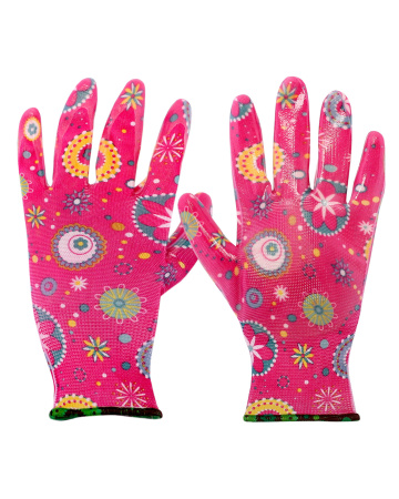 Перчатки "САДОВЫЕ" розовые (100%нейлон 13-го класса вязки,с принтом,покрытие-прозрачный нитрил)