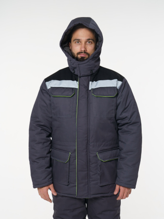 Куртка мужская зимняя Кур703 ткань Твил, цвет темно-серый, черный с лимонной отделкой СОП