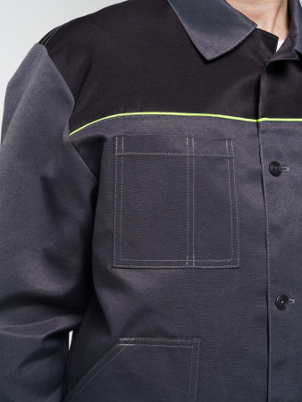 Костюм рабочий мужской №102 (куртка, полукомбинезон) тёмно-серый, черным с лимонным кантом