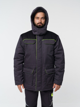 Куртка мужская зимняя Кур703 ткань Твил, цвет темно-серый, черный с лимонной отделкой