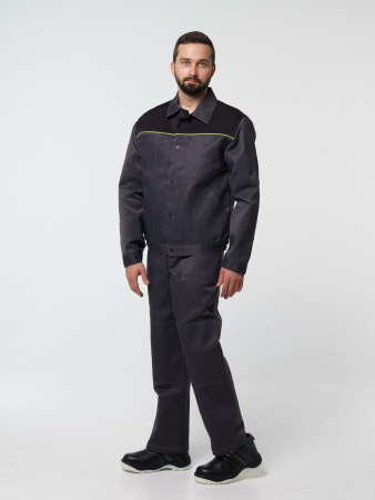 Костюм рабочий мужской №102 (куртка, полукомбинезон) тёмно-серый, черным с лимонным кантом